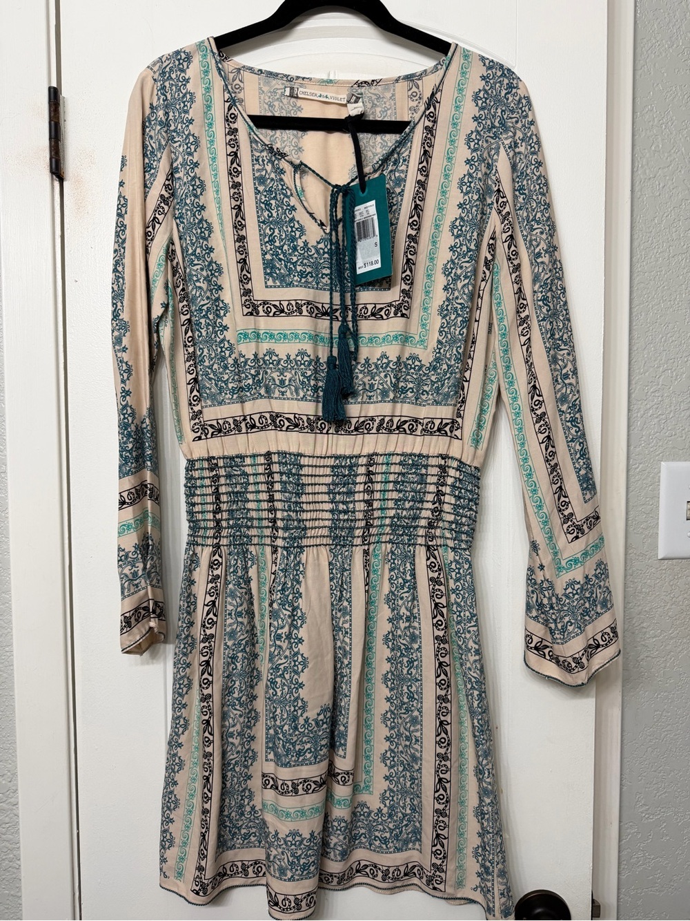 Chelsea & Violet Teal and Cream Long-Sleeve Boho Dress